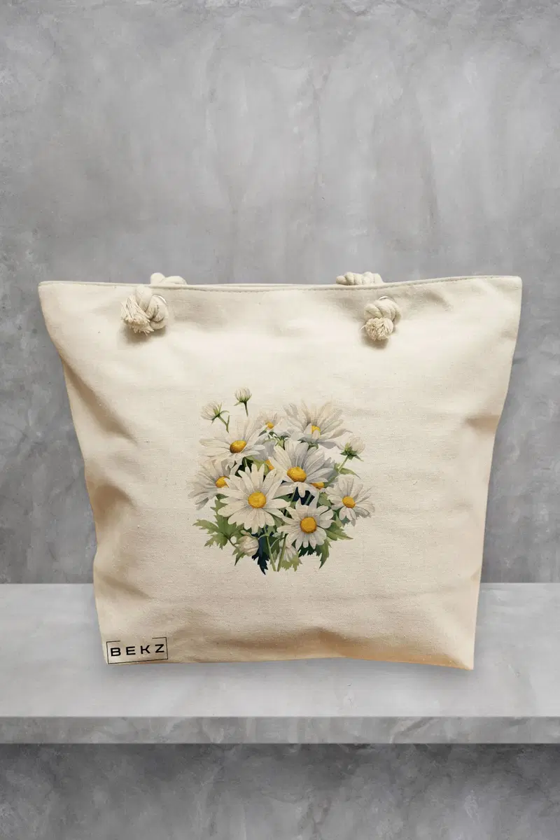Geanta de Plaja Canvas Tote Bag pentru femei, model Buchet Margarete, 40x51 cm, Bej, BEKZ®