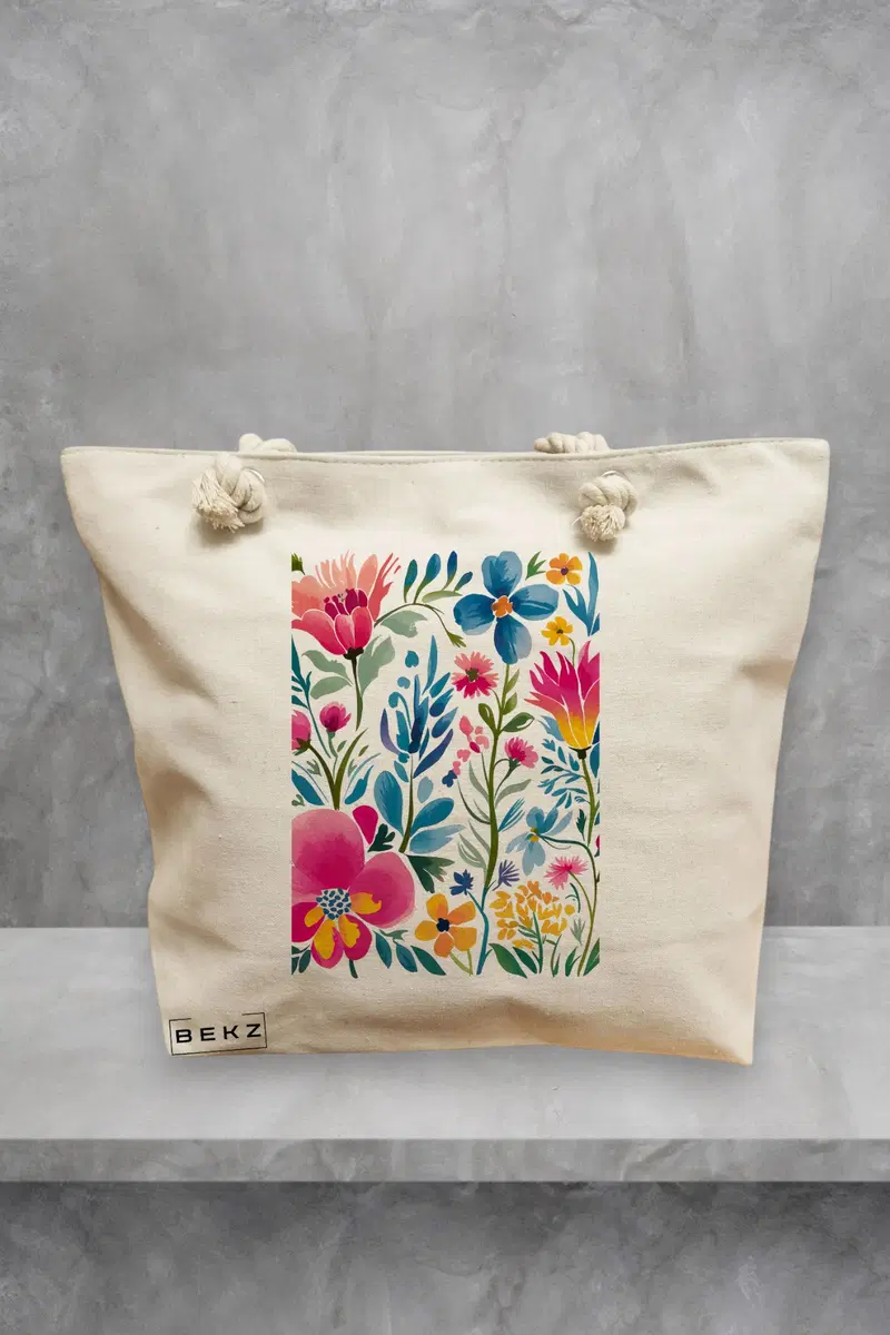 Geanta de Plaja Canvas Tote Bag pentru femei, model Flori de Camp, 40x51 cm, Bej, BEKZ®