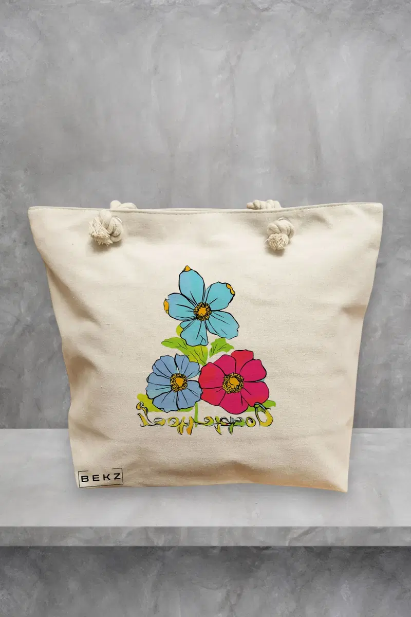 Geanta de Plaja Canvas Tote Bag pentru femei, model Flori Pop Art, 40x51 cm, Bej, BEKZ®