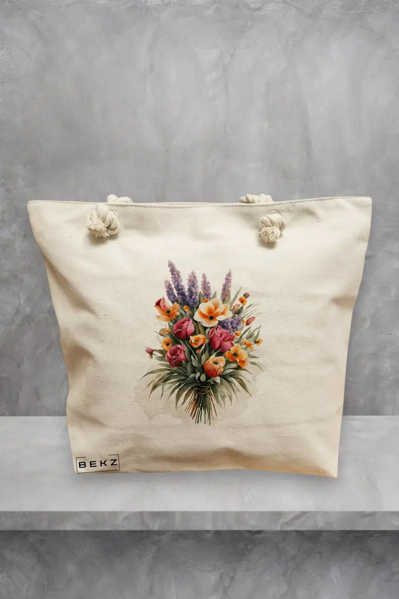 Geanta de Plaja Canvas Tote Bag pentru femei, model Buchet de Vara, 40x51 cm, Bej, BEKZ®