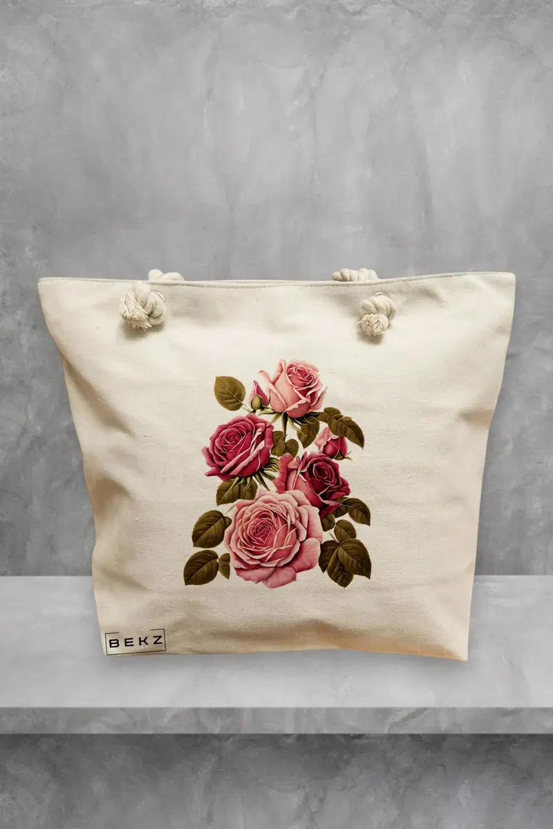 Geanta de Plaja Canvas Tote Bag pentru femei, model Trandafiri Roz, 40x51 cm, Bej, BEKZ®