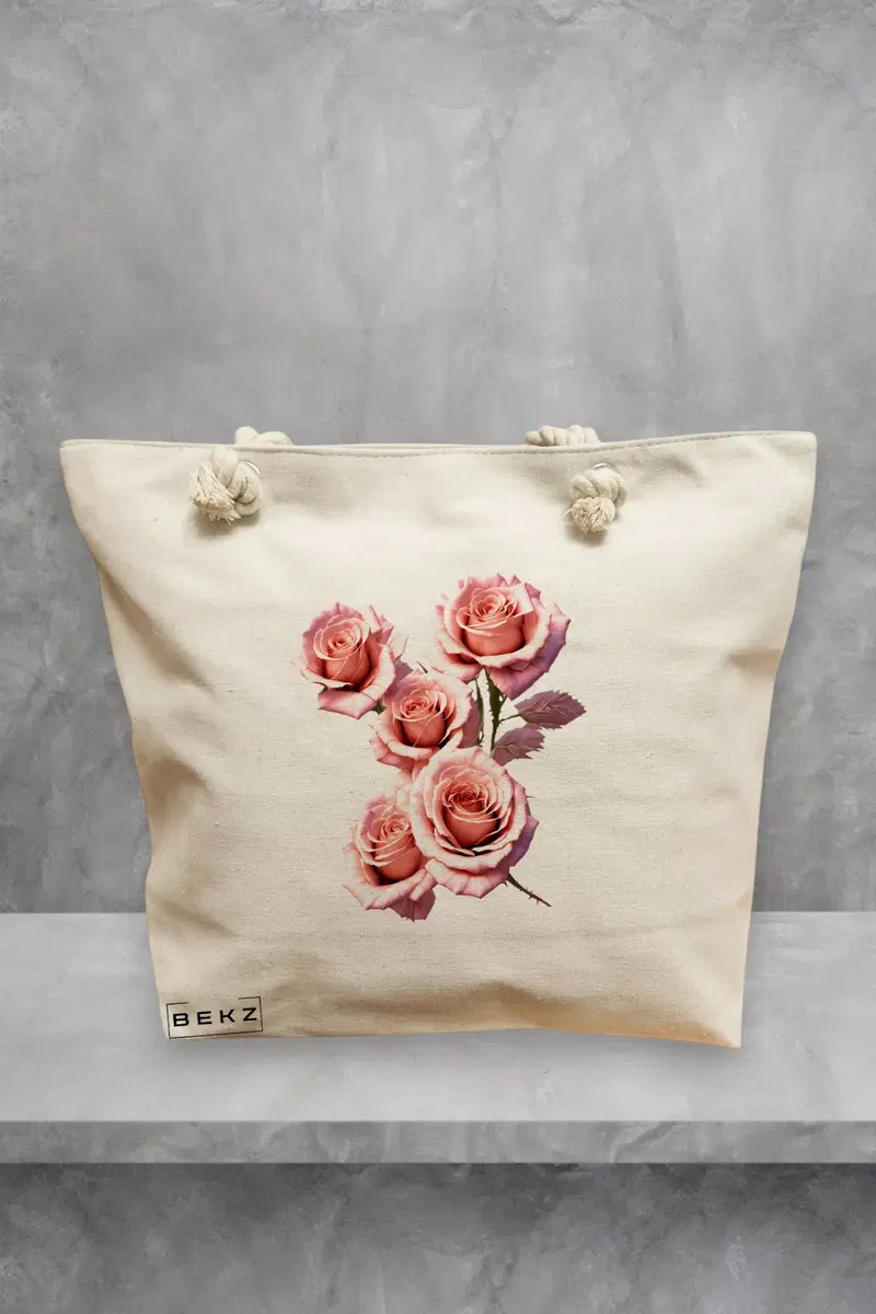 Geanta de Plaja Canvas Tote Bag pentru femei, model Trandafiri Pastelati, 40x51 cm, Bej, BEKZ®