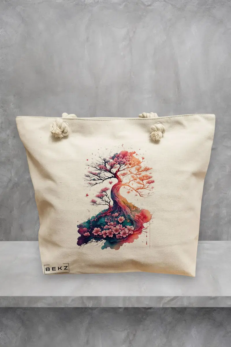 Geanta de Plaja Canvas Tote Bag pentru femei, model Arbore Sakura Curcubeu, 40x51 cm, Bej, BEKZ®