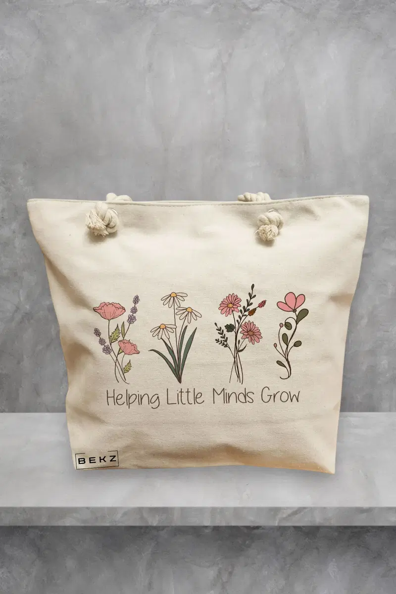Geanta de Plaja Canvas Tote Bag pentru femei, model Helping Little Minds Grow, 40x51 cm, Bej, BEKZ®