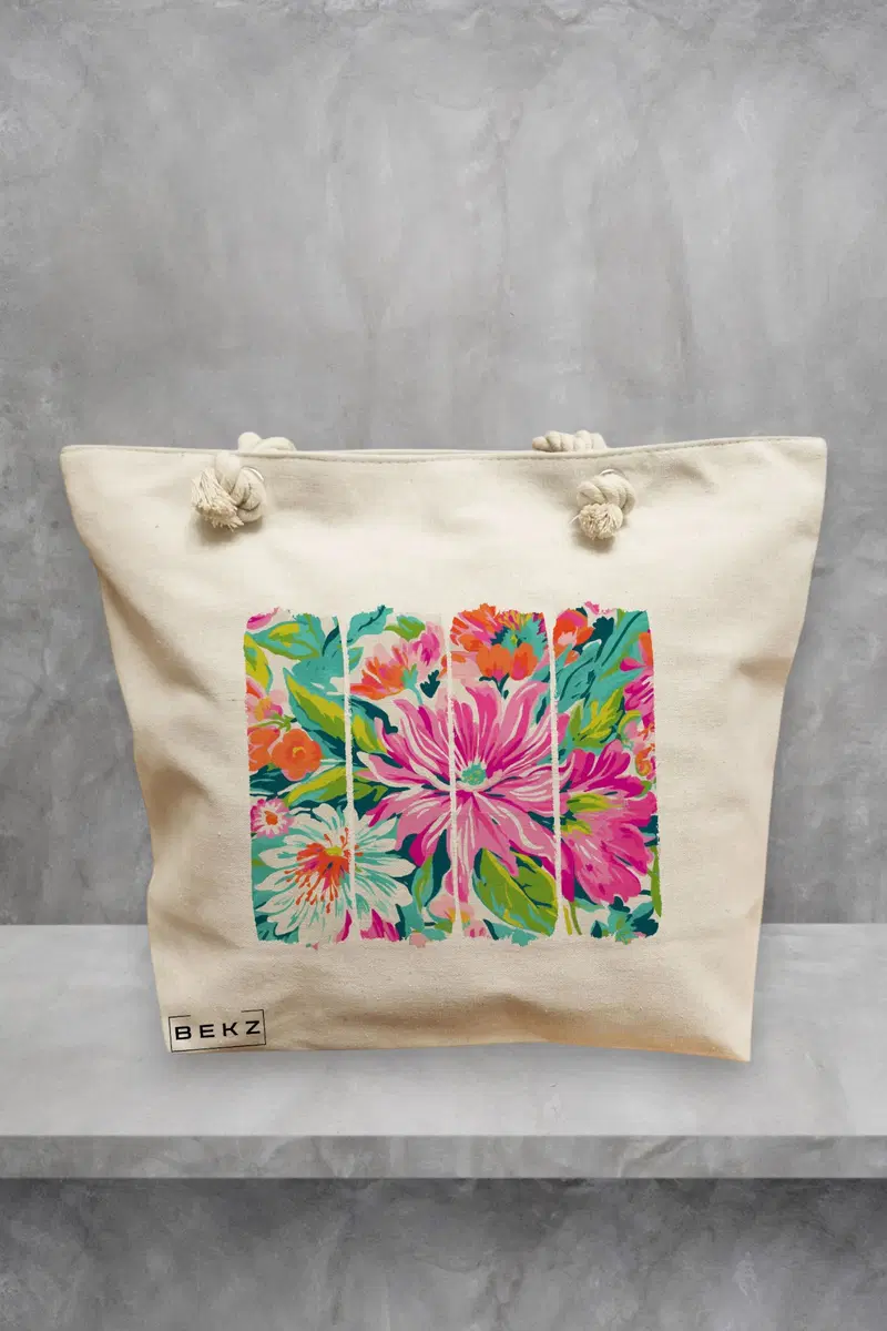 Geanta de Plaja Canvas Tote Bag pentru femei, model Flori in Panouri, 40x51 cm, Bej, BEKZ®