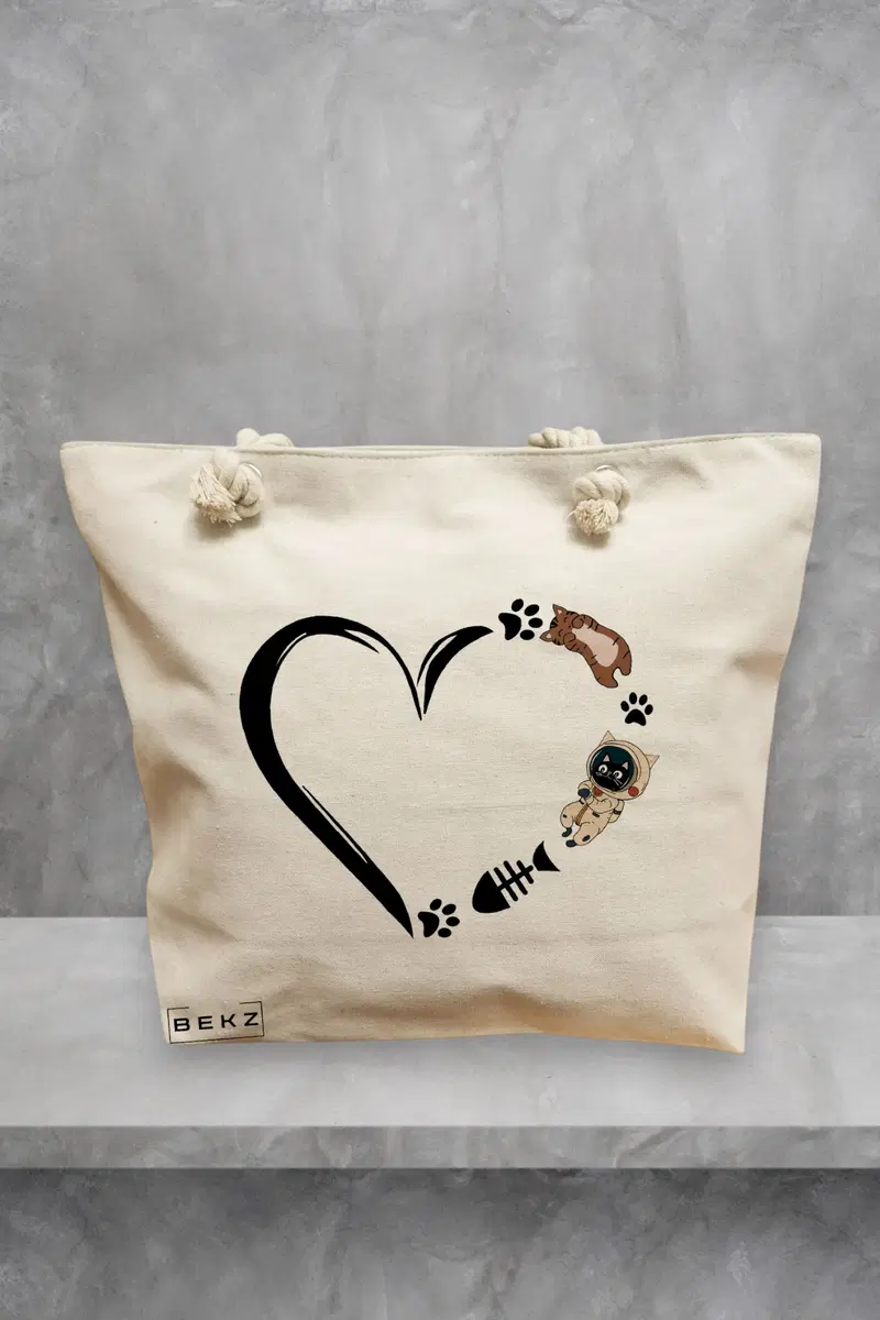 Geanta de Plaja Canvas Tote Bag pentru femei, model Pisica Astronaut, 40x51 cm, Bej, BEKZ®