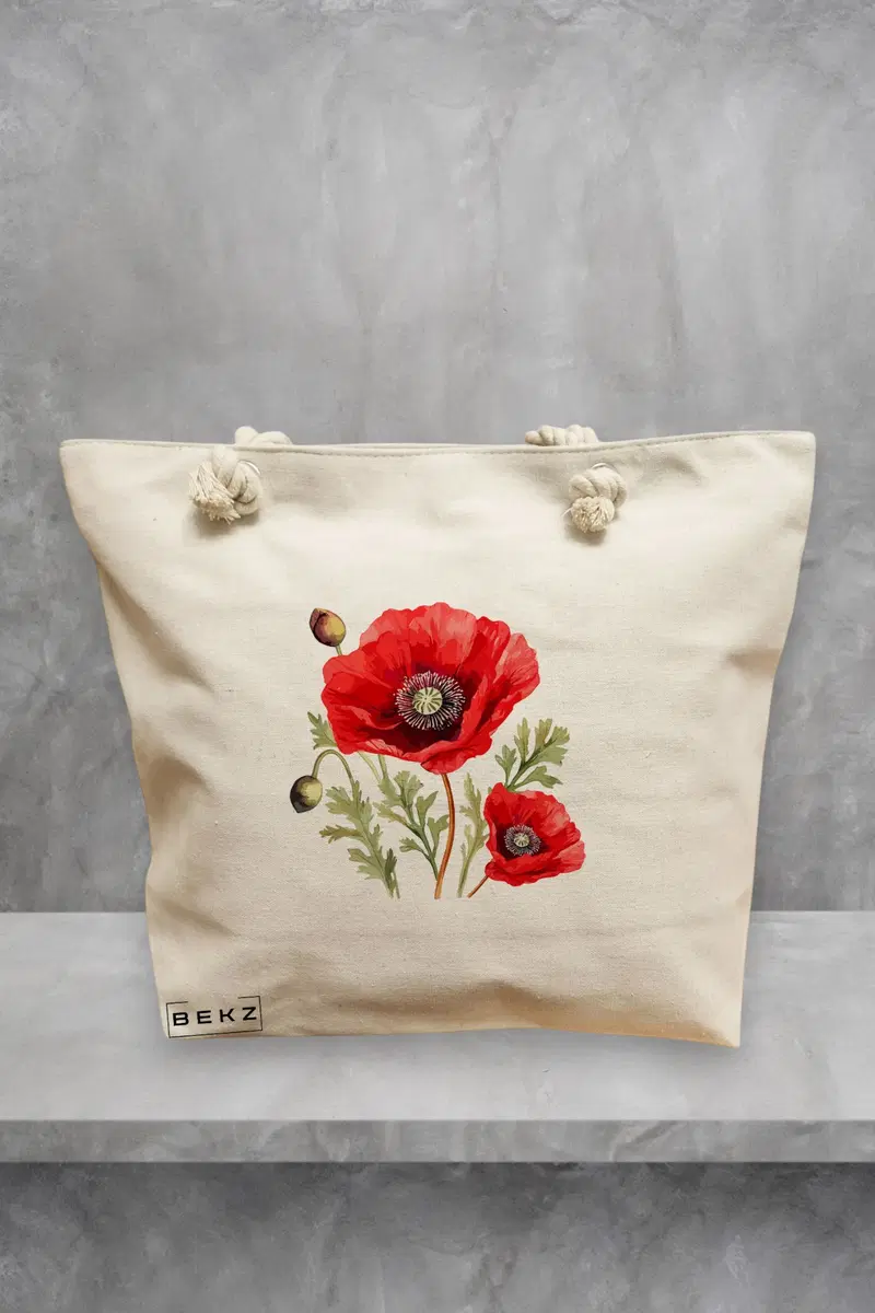 Geanta de Plaja Canvas Tote Bag pentru femei, model Maci Rosii, 40x51 cm, Bej, BEKZ®