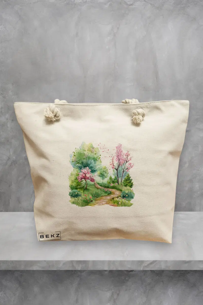 Geanta de Plaja Canvas Tote Bag pentru femei, model Alee Infloriata, 40x51 cm, Bej, BEKZ®