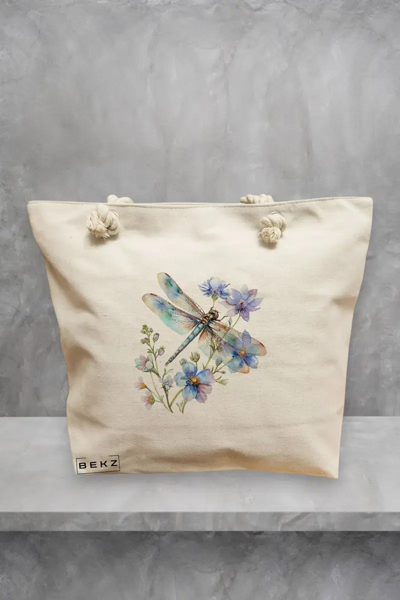 Geanta de Plaja Canvas Tote Bag pentru femei, model Libelula Florala, 40x51 cm, Bej, BEKZ®