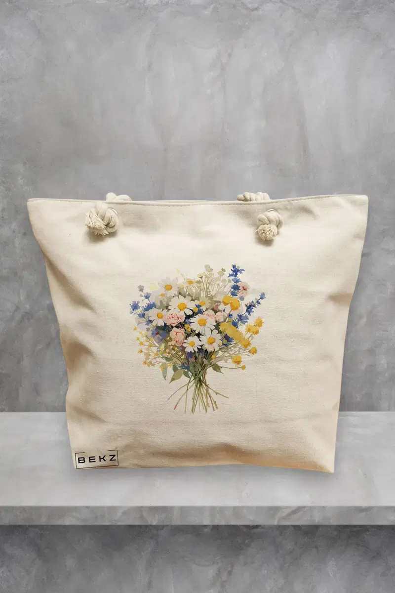 Geanta de Plaja Canvas Tote Bag pentru femei, model Buchet de Vara, 40x51 cm, Bej, BEKZ®