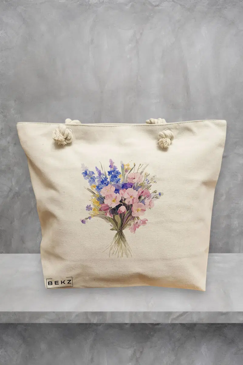 Geanta de Plaja Canvas Tote Bag pentru femei, model Buchet Pastel, 40x51 cm, Bej, BEKZ®