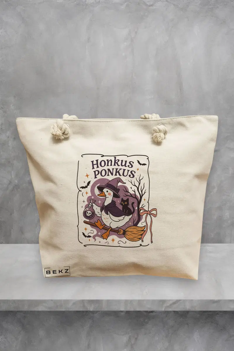 Geanta de Plaja Canvas Tote Bag pentru femei, model Honkus Ponkus, 40x51 cm, Bej, BEKZ®