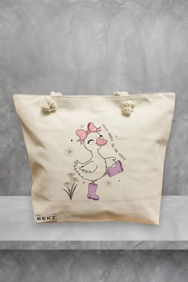 Geanta de Plaja Canvas Tote Bag pentru femei, model Silly Goose Fundita, 40x51 cm, Bej, BEKZ®
