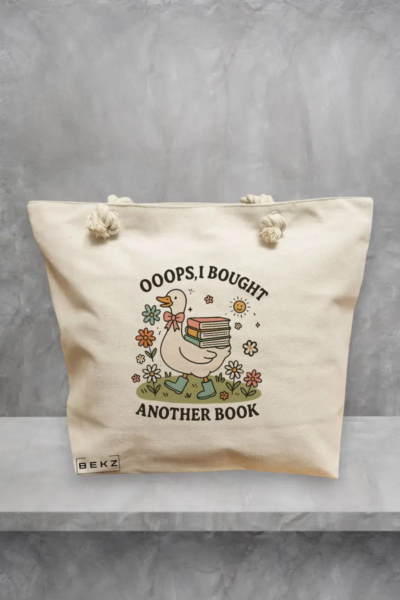 Geanta de Plaja Canvas Tote Bag pentru femei, model Bought Another Book, 40x51 cm, Bej, BEKZ®