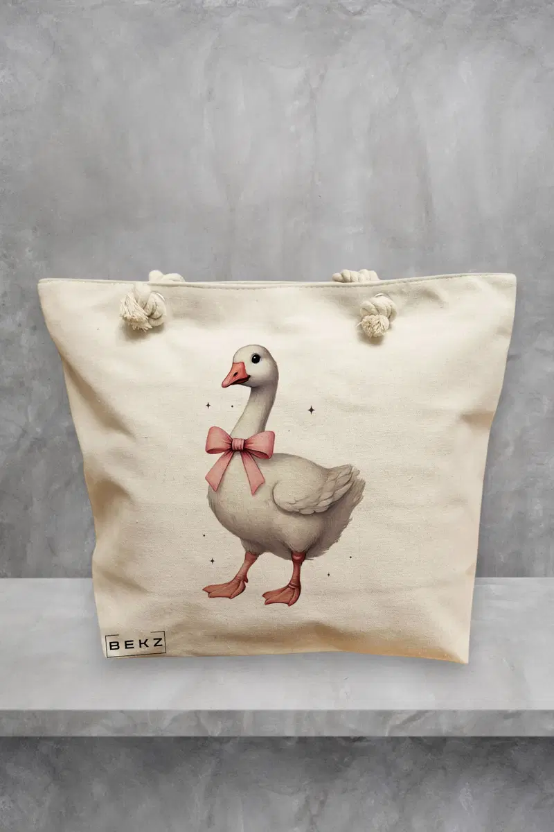 Geanta de Plaja Canvas Tote Bag pentru femei, model Gasca cu Fundita, 40x51 cm, Bej, BEKZ®